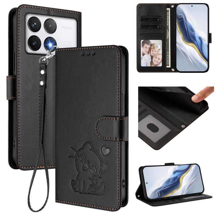 Embossed Heart Cat Leather Phone Case with Hand Strap, For Xiaomi Poco F6 Pro 5G, For Xiaomi Poco X6 Neo 5G, For Xiaomi Poco X6 Pro 5G / Redmi K70E 5G, For Xiaomi 14 Ultra 5G