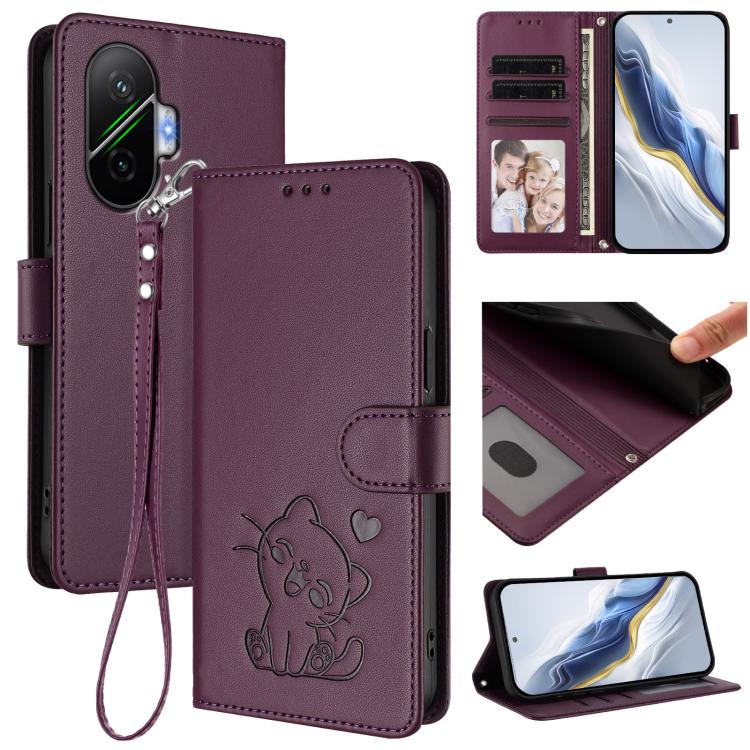 Embossed Heart Cat Leather Phone Case with Hand Strap, For Xiaomi Civi 5 Pro 5G, For Xiaomi 15S Pro 5G, For Xiaomi Poco F7 5G / Redmi Turbo 4 Pro 5G, For Xiaomi Poco F7 Ultra 5G / Redmi K80 Pro