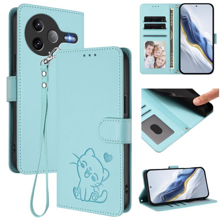 Embossed Heart Cat Leather Phone Case with Hand Strap, For Xiaomi Civi 5 Pro 5G, For Xiaomi 15S Pro 5G, For Xiaomi Poco F7 5G / Redmi Turbo 4 Pro 5G, For Xiaomi Poco F7 Ultra 5G / Redmi K80 Pro