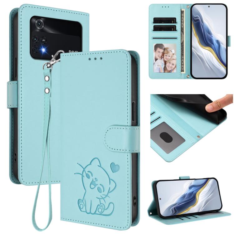 Embossed Heart Cat Leather Phone Case with Hand Strap, For Xiaomi Civi 1S, For Xiaomi Poco M4 Pro 4G, For Xiaomi Poco X4 Pro 5G