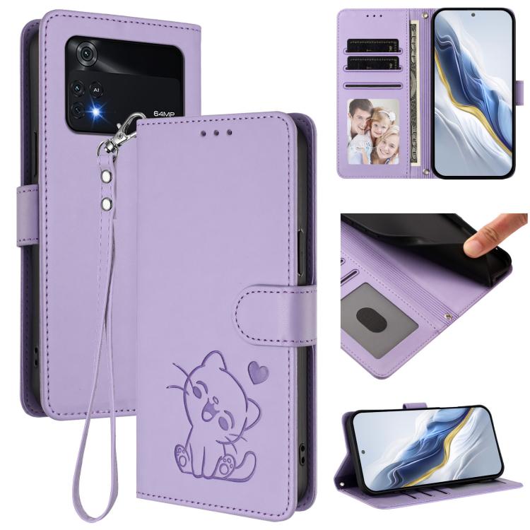 Embossed Heart Cat Leather Phone Case with Hand Strap, For Xiaomi Civi 1S, For Xiaomi Poco M4 Pro 4G, For Xiaomi Poco X4 Pro 5G