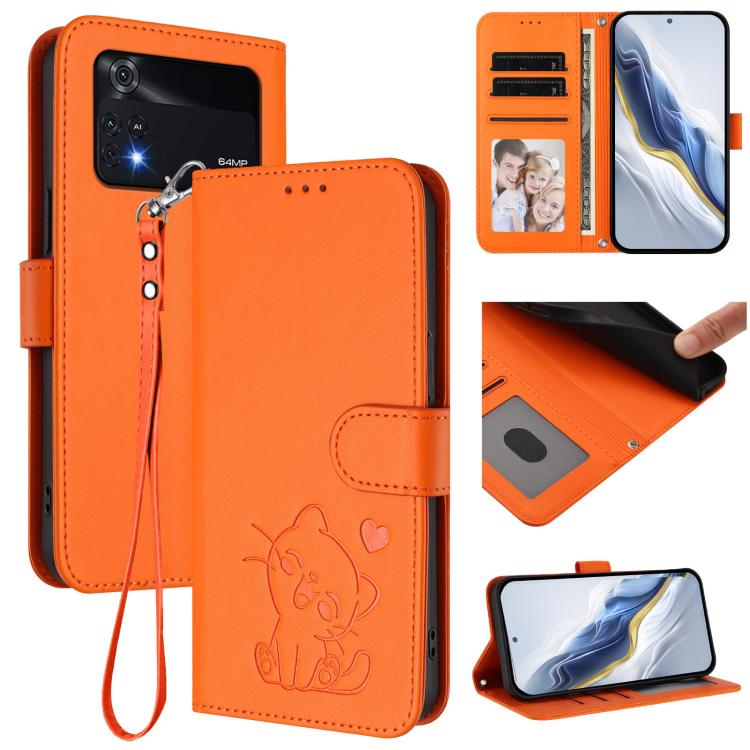 Embossed Heart Cat Leather Phone Case with Hand Strap, For Xiaomi Civi 1S, For Xiaomi Poco M4 Pro 4G, For Xiaomi Poco X4 Pro 5G