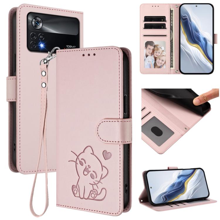Embossed Heart Cat Leather Phone Case with Hand Strap, For Xiaomi Civi 1S, For Xiaomi Poco M4 Pro 4G, For Xiaomi Poco X4 Pro 5G
