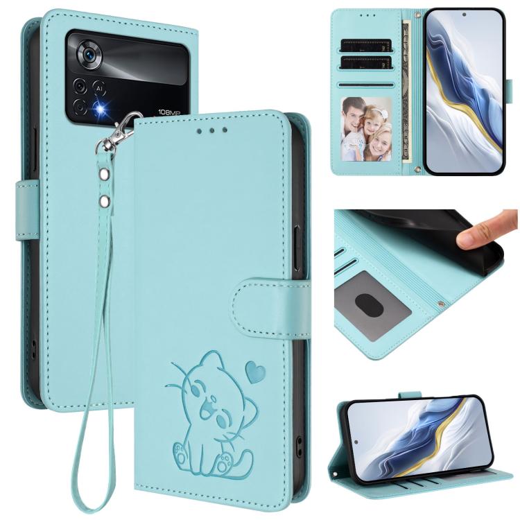Embossed Heart Cat Leather Phone Case with Hand Strap, For Xiaomi Civi 1S, For Xiaomi Poco M4 Pro 4G, For Xiaomi Poco X4 Pro 5G