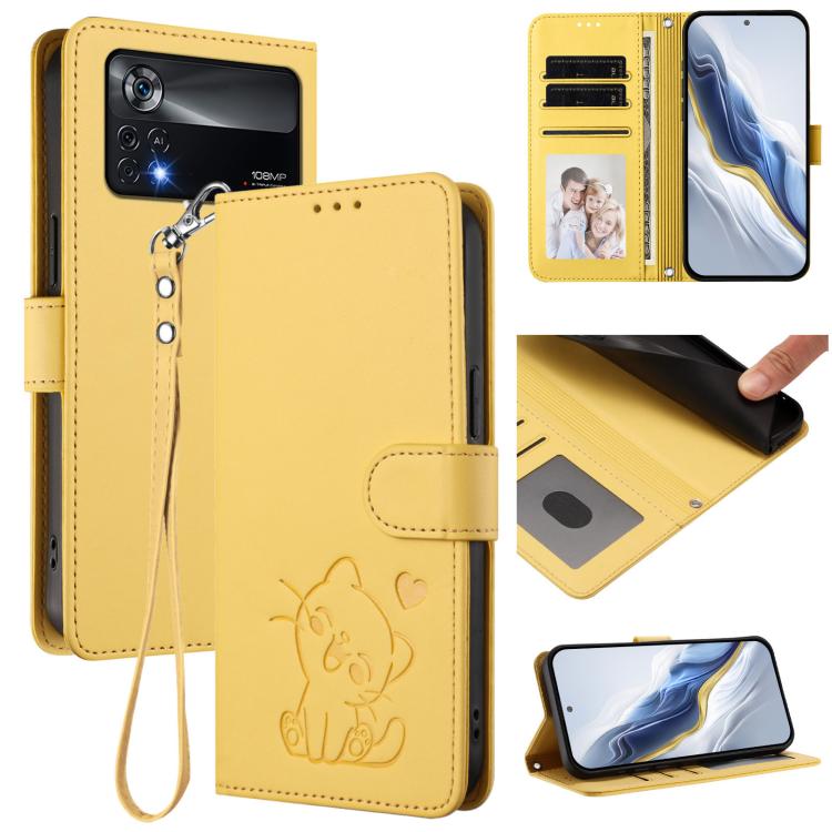Embossed Heart Cat Leather Phone Case with Hand Strap, For Xiaomi Civi 1S, For Xiaomi Poco M4 Pro 4G, For Xiaomi Poco X4 Pro 5G