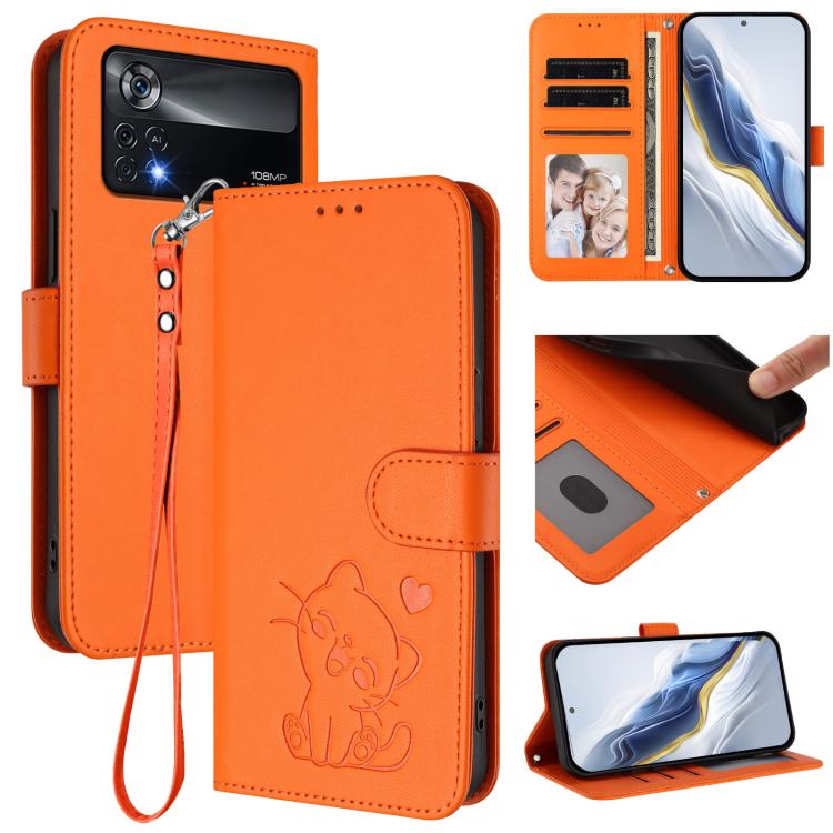 Embossed Heart Cat Leather Phone Case with Hand Strap, For Xiaomi Civi 1S, For Xiaomi Poco M4 Pro 4G, For Xiaomi Poco X4 Pro 5G