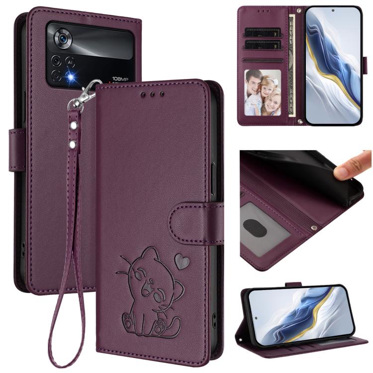 Embossed Heart Cat Leather Phone Case with Hand Strap, For Xiaomi Civi 1S, For Xiaomi Poco M4 Pro 4G, For Xiaomi Poco X4 Pro 5G