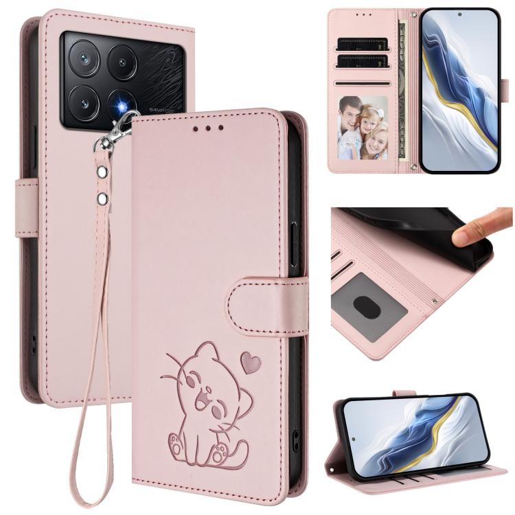 Embossed Heart Cat Leather Phone Case with Hand Strap, For Xiaomi Poco F6 Pro 5G, For Xiaomi Poco X6 Neo 5G, For Xiaomi Poco X6 Pro 5G / Redmi K70E 5G, For Xiaomi 14 Ultra 5G
