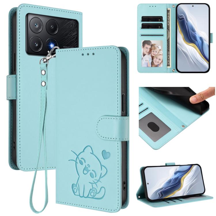 Embossed Heart Cat Leather Phone Case with Hand Strap, For Xiaomi Poco F6 Pro 5G, For Xiaomi Poco X6 Neo 5G, For Xiaomi Poco X6 Pro 5G / Redmi K70E 5G, For Xiaomi 14 Ultra 5G
