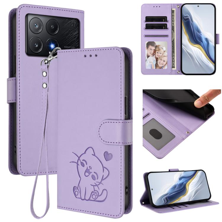 Embossed Heart Cat Leather Phone Case with Hand Strap, For Xiaomi Poco F6 Pro 5G, For Xiaomi Poco X6 Neo 5G, For Xiaomi Poco X6 Pro 5G / Redmi K70E 5G, For Xiaomi 14 Ultra 5G