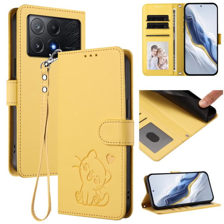 Embossed Heart Cat Leather Phone Case with Hand Strap, For Xiaomi Poco F6 Pro 5G, For Xiaomi Poco X6 Neo 5G, For Xiaomi Poco X6 Pro 5G / Redmi K70E 5G, For Xiaomi 14 Ultra 5G