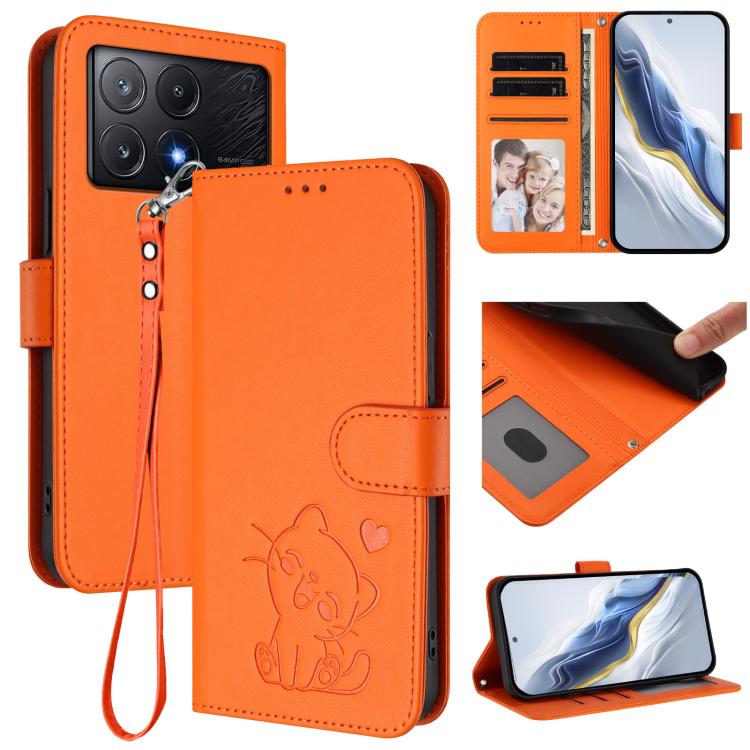 Embossed Heart Cat Leather Phone Case with Hand Strap, For Xiaomi Poco F6 Pro 5G, For Xiaomi Poco X6 Neo 5G, For Xiaomi Poco X6 Pro 5G / Redmi K70E 5G, For Xiaomi 14 Ultra 5G