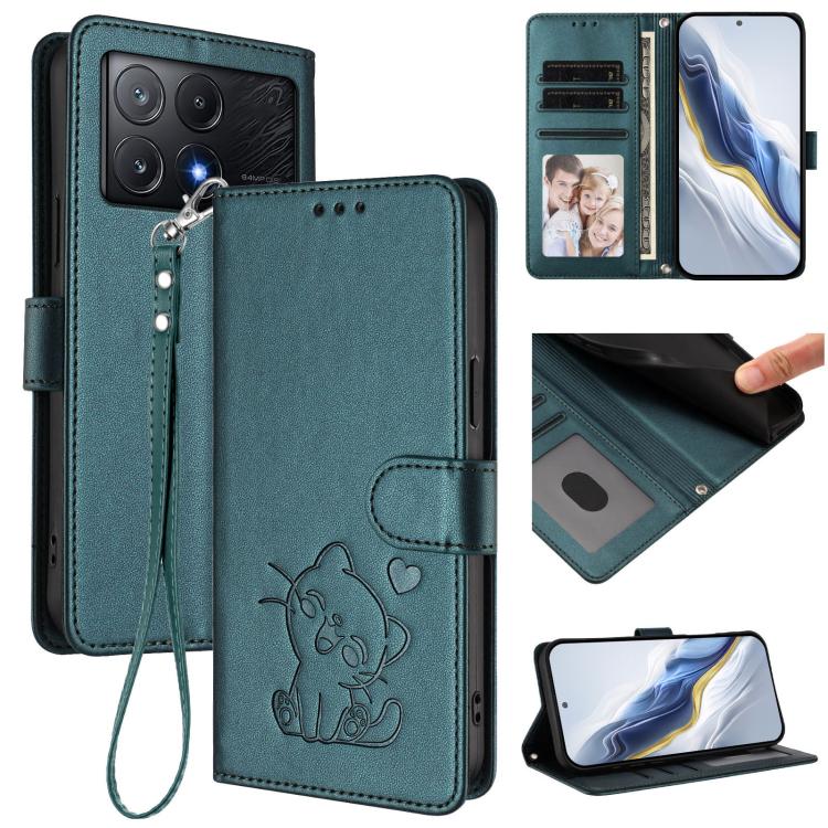 Embossed Heart Cat Leather Phone Case with Hand Strap, For Xiaomi Poco F6 Pro 5G, For Xiaomi Poco X6 Neo 5G, For Xiaomi Poco X6 Pro 5G / Redmi K70E 5G, For Xiaomi 14 Ultra 5G