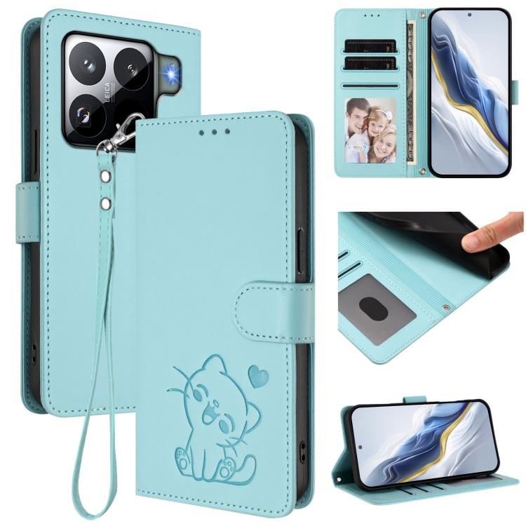 Embossed Heart Cat Leather Phone Case with Hand Strap, For Xiaomi Civi 5 Pro 5G, For Xiaomi 15S Pro 5G, For Xiaomi Poco F7 5G / Redmi Turbo 4 Pro 5G, For Xiaomi Poco F7 Ultra 5G / Redmi K80 Pro