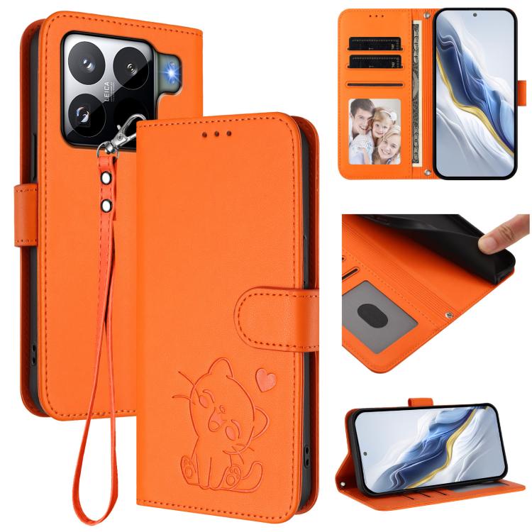 Embossed Heart Cat Leather Phone Case with Hand Strap, For Xiaomi Civi 5 Pro 5G, For Xiaomi 15S Pro 5G, For Xiaomi Poco F7 5G / Redmi Turbo 4 Pro 5G, For Xiaomi Poco F7 Ultra 5G / Redmi K80 Pro