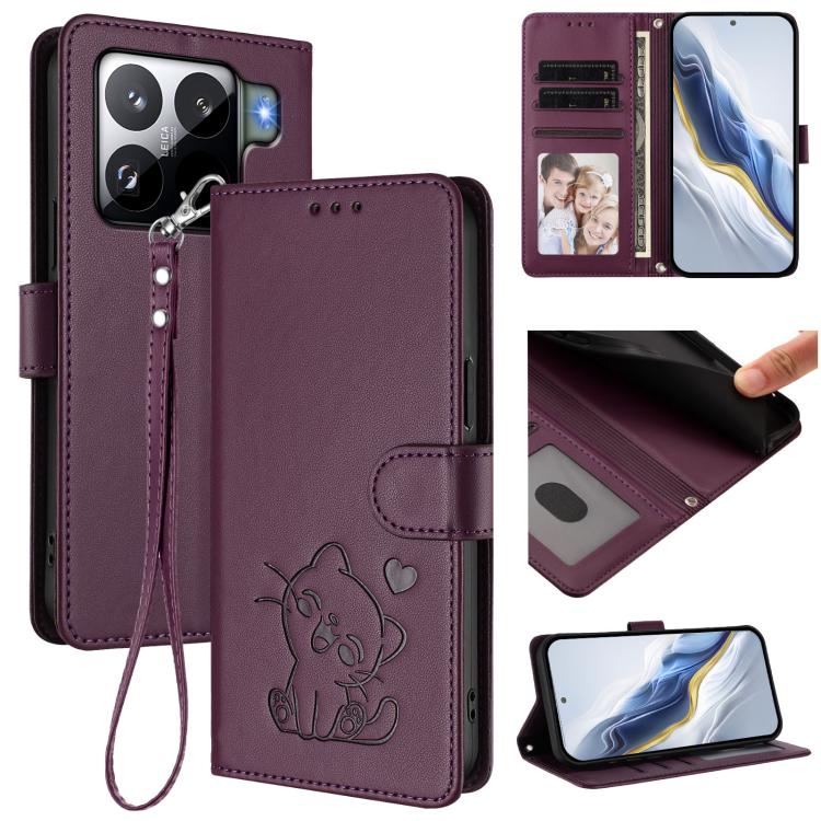 Embossed Heart Cat Leather Phone Case with Hand Strap, For Xiaomi Civi 5 Pro 5G, For Xiaomi 15S Pro 5G, For Xiaomi Poco F7 5G / Redmi Turbo 4 Pro 5G, For Xiaomi Poco F7 Ultra 5G / Redmi K80 Pro