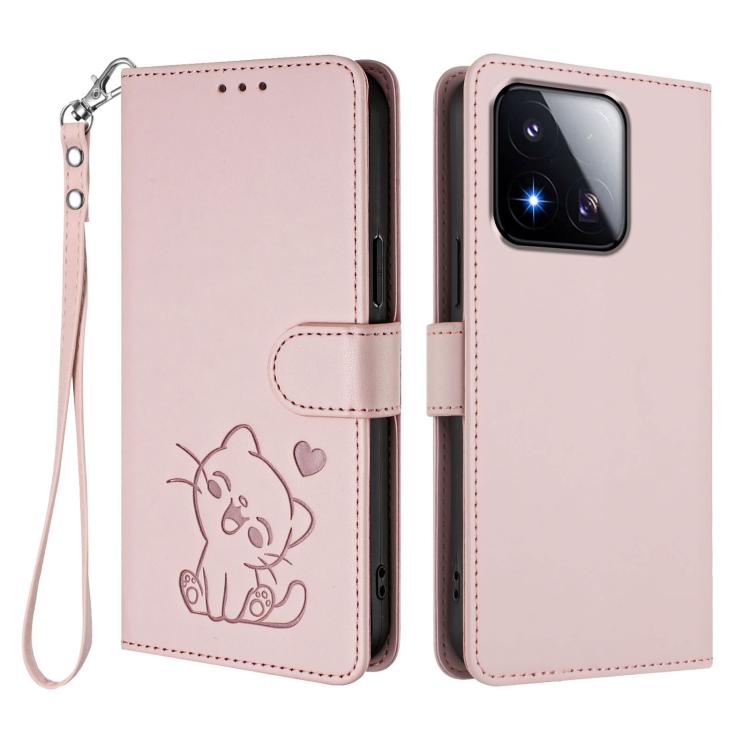 Embossed Heart Cat Leather Phone Case with Hand Strap, For Xiaomi 17 Max 5G, For Xiaomi 17T Pro 5G, For Xiaomi 15T Pro 5G, For Xiaomi 15T 5G
