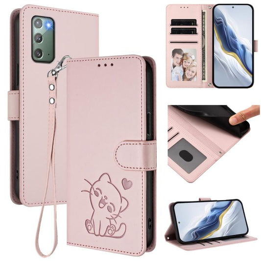 Embossed Heart Cat Leather Phone Case with Hand Strap, For Samsung Galaxy Note20