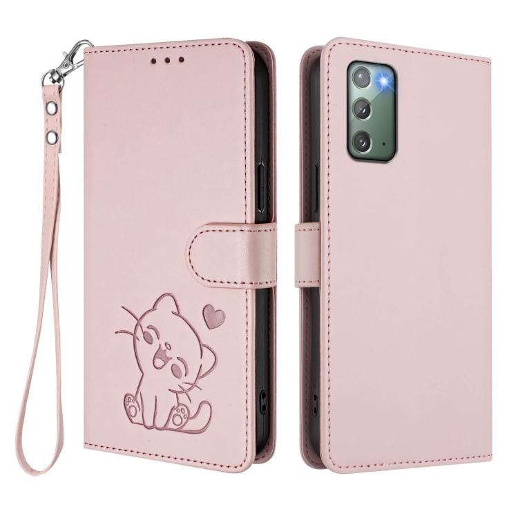 Embossed Heart Cat Leather Phone Case with Hand Strap, For Samsung Galaxy Note20