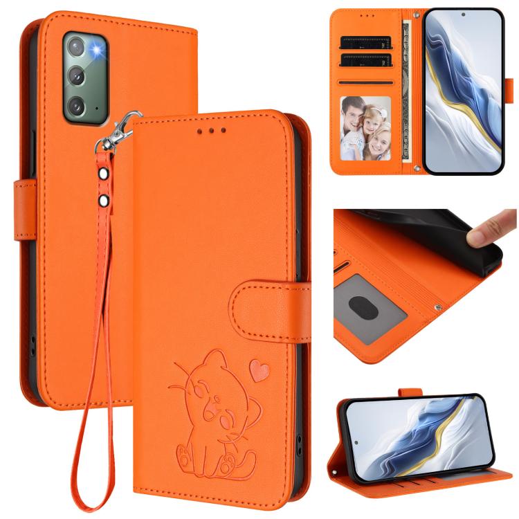 Embossed Heart Cat Leather Phone Case with Hand Strap, For Samsung Galaxy Note20