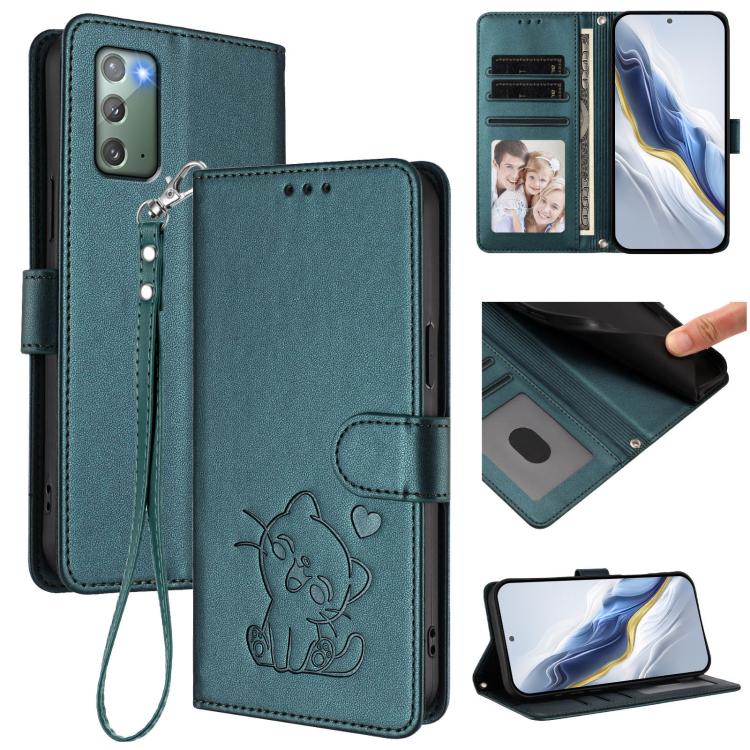 Embossed Heart Cat Leather Phone Case with Hand Strap, For Samsung Galaxy Note20