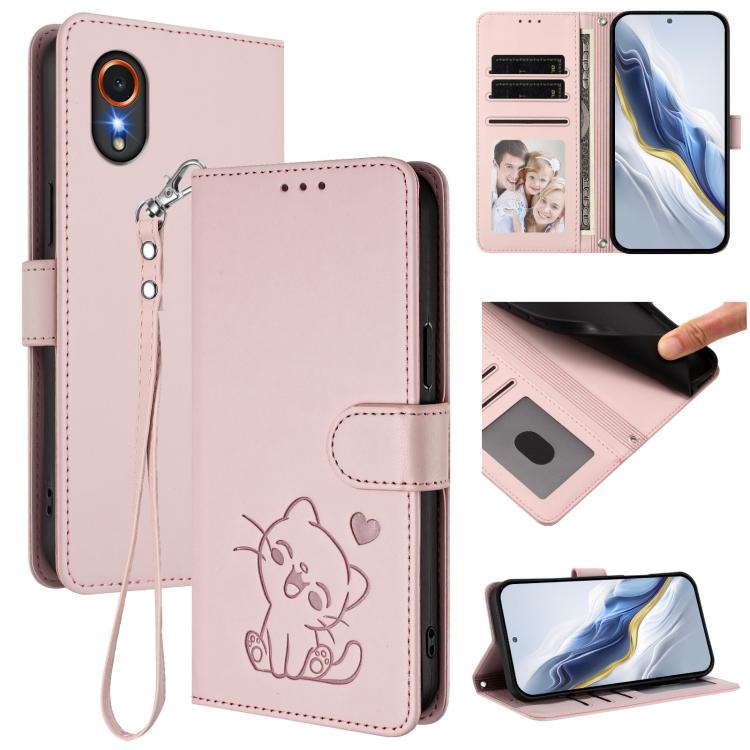Embossed Heart Cat Leather Phone Case with Hand Strap, For Samsung Galaxy XCover7 Pro, For Samsung Galaxy XCover7 5G, For Samsung Galaxy XCover6 Pro, For Samsung Galaxy Note20 Ultra