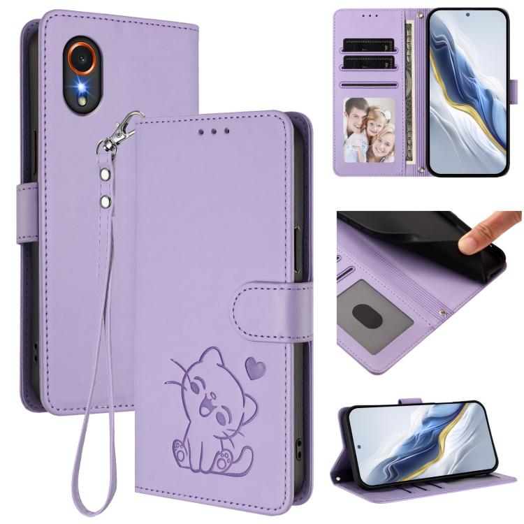 Embossed Heart Cat Leather Phone Case with Hand Strap, For Samsung Galaxy XCover7 Pro, For Samsung Galaxy XCover7 5G, For Samsung Galaxy XCover6 Pro, For Samsung Galaxy Note20 Ultra
