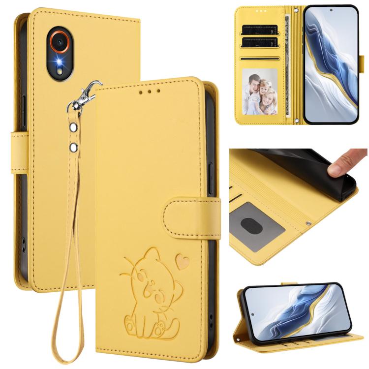 Embossed Heart Cat Leather Phone Case with Hand Strap, For Samsung Galaxy XCover7 Pro, For Samsung Galaxy XCover7 5G, For Samsung Galaxy XCover6 Pro, For Samsung Galaxy Note20 Ultra
