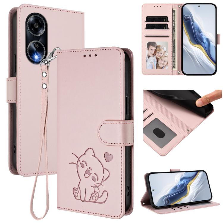 Embossed Heart Cat Leather Phone Case with Hand Strap, For OPPO A58 4G Global, For OPPO Reno10 / Reno10 Pro 5G Global, For OPPO A78 4G Global, For OPPO A98 5G / F23 5G India