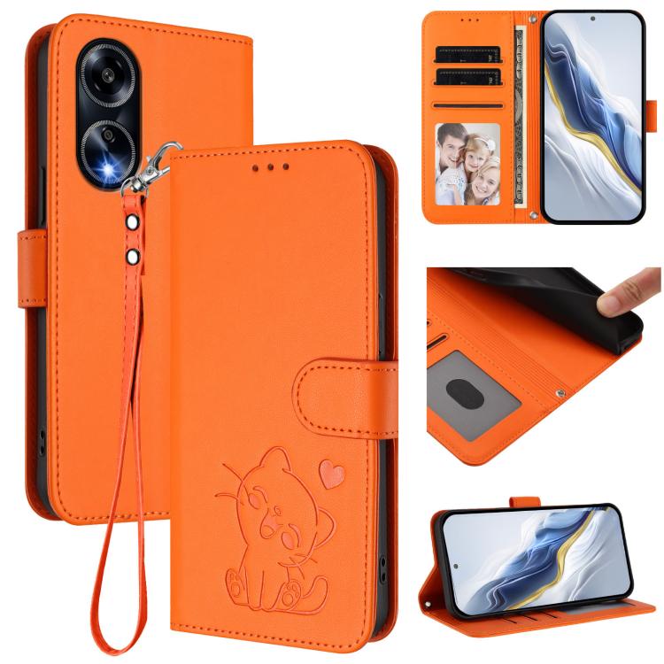 Embossed Heart Cat Leather Phone Case with Hand Strap, For OPPO A58 4G Global, For OPPO Reno10 / Reno10 Pro 5G Global, For OPPO A78 4G Global, For OPPO A98 5G / F23 5G India
