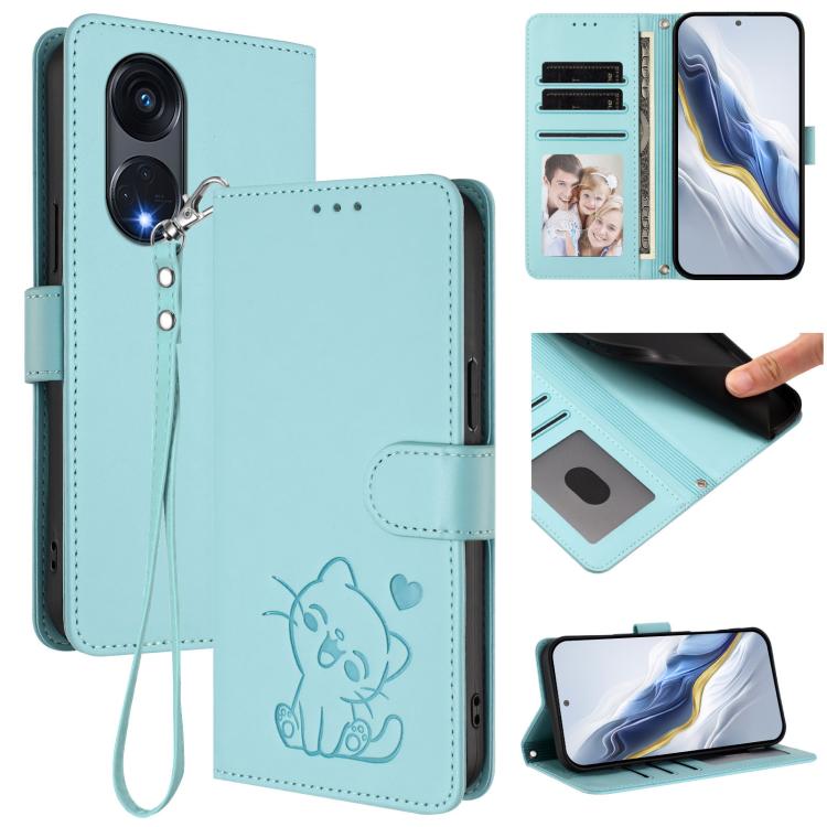 Embossed Heart Cat Leather Phone Case with Hand Strap, For OPPO Find X6 5G, For OPPO Reno8 T 5G Global / A1 Pro 5G, For OPPO Reno8 4G / Reno7 4G Global, For OPPO A57 / A77 / A57s 4G Global
