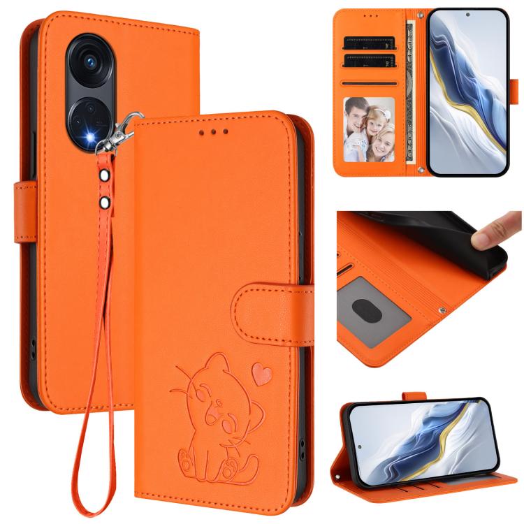 Embossed Heart Cat Leather Phone Case with Hand Strap, For OPPO Find X6 5G, For OPPO Reno8 T 5G Global / A1 Pro 5G, For OPPO Reno8 4G / Reno7 4G Global, For OPPO A57 / A77 / A57s 4G Global