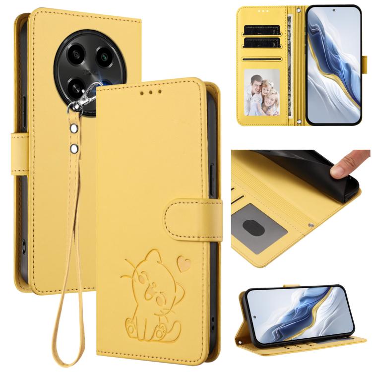 Embossed Heart Cat Leather Phone Case with Hand Strap, For OPPO Reno12 F 5G / 4G, For OPPO Reno12 Pro 5G Global, For OPPO Reno12 5G Global, For OPPO A2 Pro 5G / F27 Pro 5G