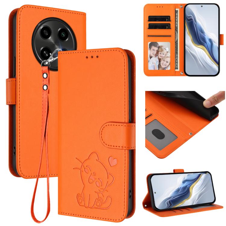 Embossed Heart Cat Leather Phone Case with Hand Strap, For OPPO Reno12 F 5G / 4G, For OPPO Reno12 Pro 5G Global, For OPPO Reno12 5G Global, For OPPO A2 Pro 5G / F27 Pro 5G
