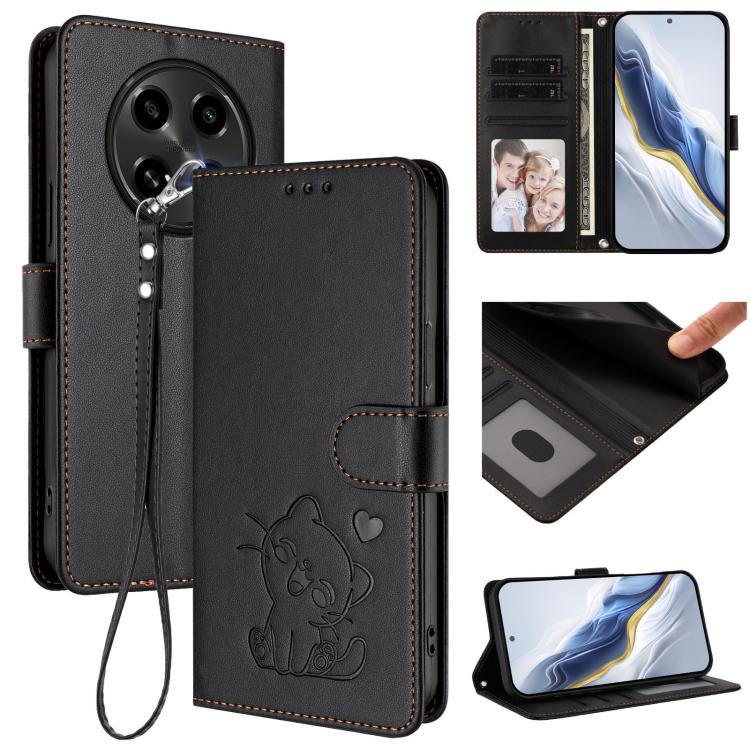 Embossed Heart Cat Leather Phone Case with Hand Strap, For OPPO Reno12 F 5G / 4G, For OPPO Reno12 Pro 5G Global, For OPPO Reno12 5G Global, For OPPO A2 Pro 5G / F27 Pro 5G