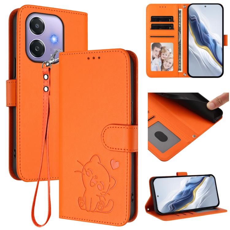 Embossed Heart Cat Leather Phone Case with Hand Strap, For OPPO Reno13 F 5G Global / 4G India, For OPPO A3x / A3 / A60 5G Global, For OPPO Find X8 5G, For OPPO A80 5G EU / K12x 5G Global