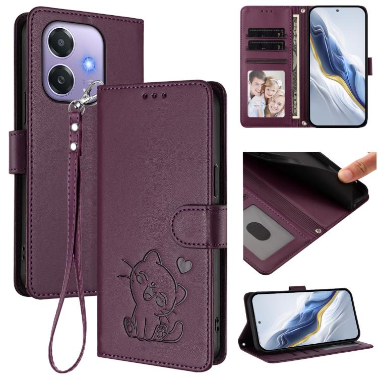 Embossed Heart Cat Leather Phone Case with Hand Strap, For OPPO Reno13 F 5G Global / 4G India, For OPPO A3x / A3 / A60 5G Global, For OPPO Find X8 5G, For OPPO A80 5G EU / K12x 5G Global
