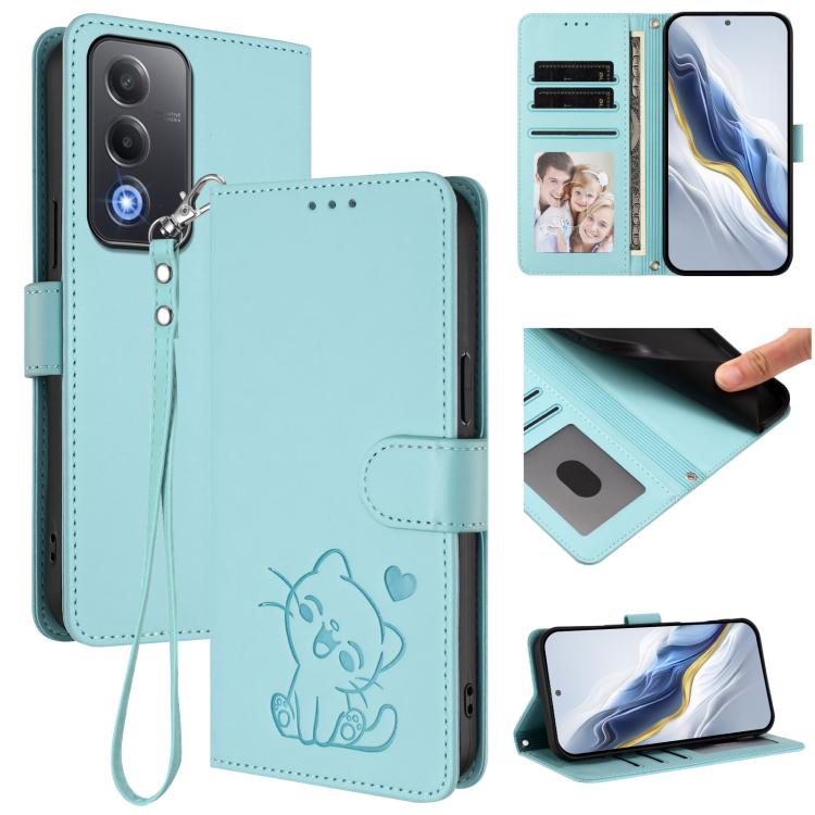 Embossed Heart Cat Leather Phone Case with Hand Strap, For OPPO A79 5G Global, For OPPO A5x 5G / 4G Global, For OPPO A5 5G / A3 Pro 5G Global, For OPPO Reno14 Pro 5G
