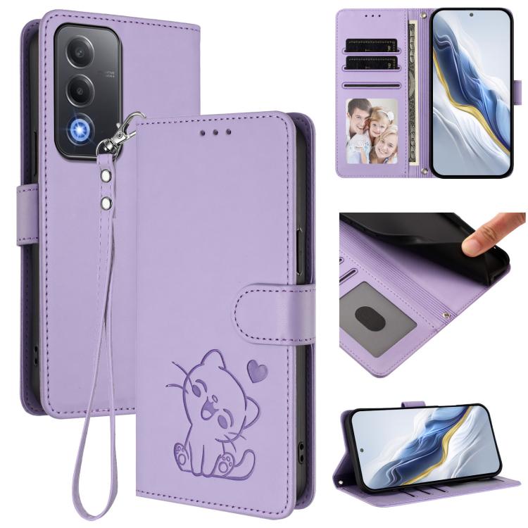 Embossed Heart Cat Leather Phone Case with Hand Strap, For OPPO A79 5G Global, For OPPO A5x 5G / 4G Global, For OPPO A5 5G / A3 Pro 5G Global, For OPPO Reno14 Pro 5G