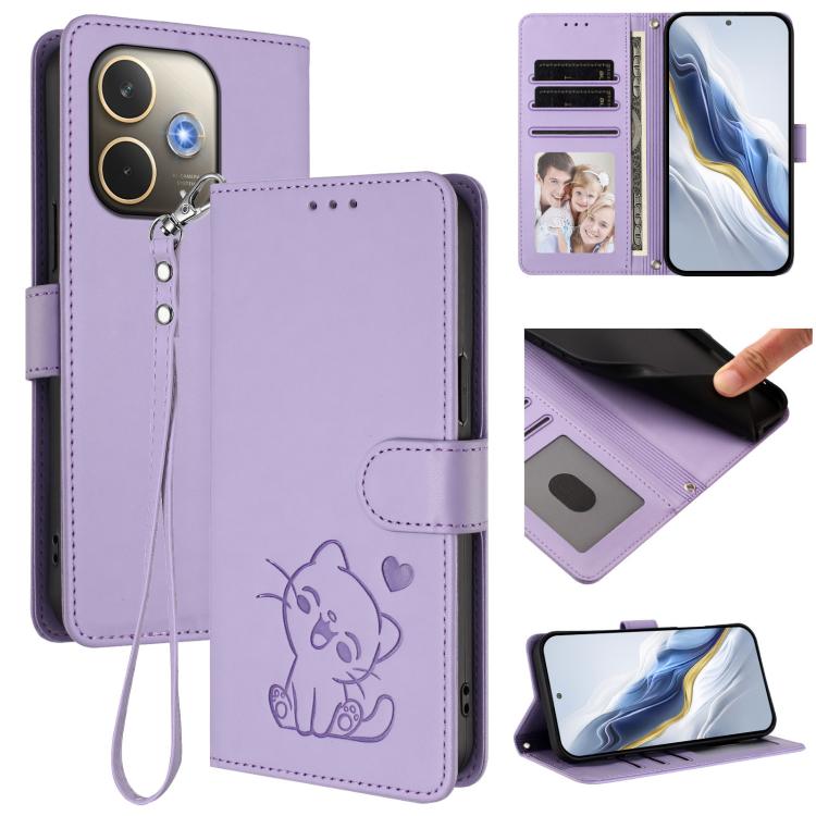 Embossed Heart Cat Leather Phone Case with Hand Strap, For OPPO Find X8s+ 5G, For OPPO Find X8s 5G, For OPPO Find X8 Ultra 5G, For OPPO A5 Pro 5G / 4G Global