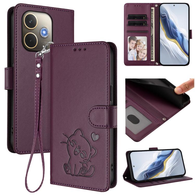Embossed Heart Cat Leather Phone Case with Hand Strap, For OPPO Find X8s+ 5G, For OPPO Find X8s 5G, For OPPO Find X8 Ultra 5G, For OPPO A5 Pro 5G / 4G Global