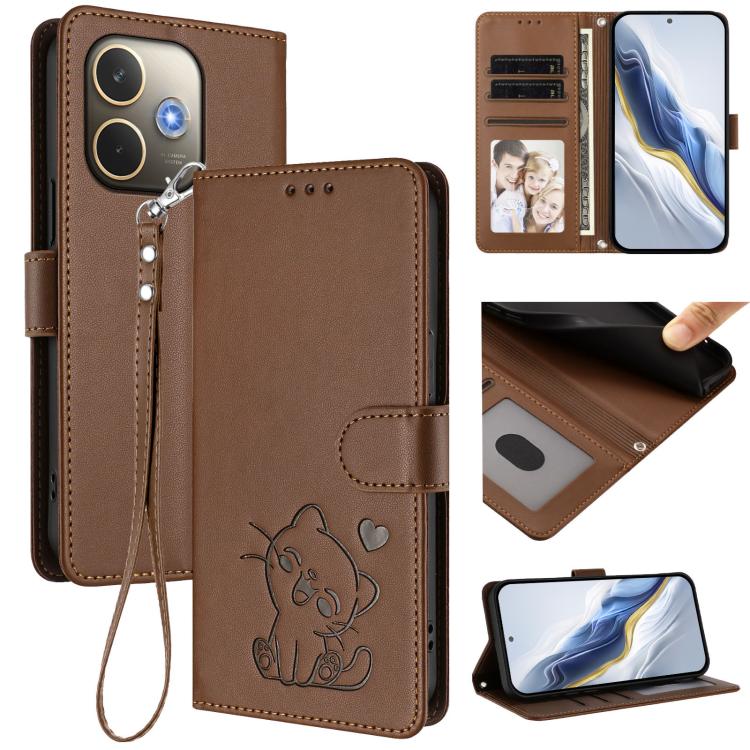 Embossed Heart Cat Leather Phone Case with Hand Strap, For OPPO Find X8s+ 5G, For OPPO Find X8s 5G, For OPPO Find X8 Ultra 5G, For OPPO A5 Pro 5G / 4G Global