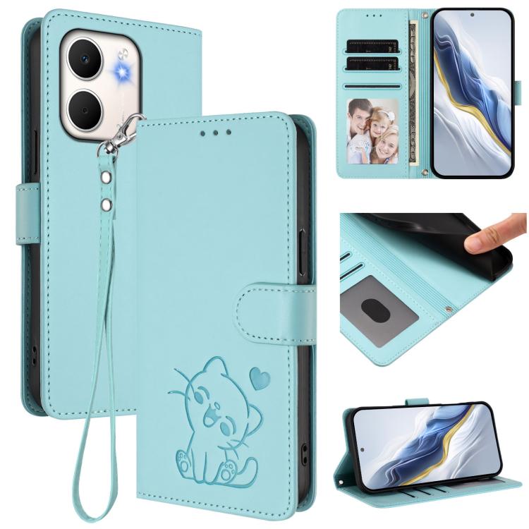 Embossed Heart Cat Leather Phone Case with Hand Strap, For OPPO A79 5G Global, For OPPO A5x 5G / 4G Global, For OPPO A5 5G / A3 Pro 5G Global, For OPPO Reno14 Pro 5G