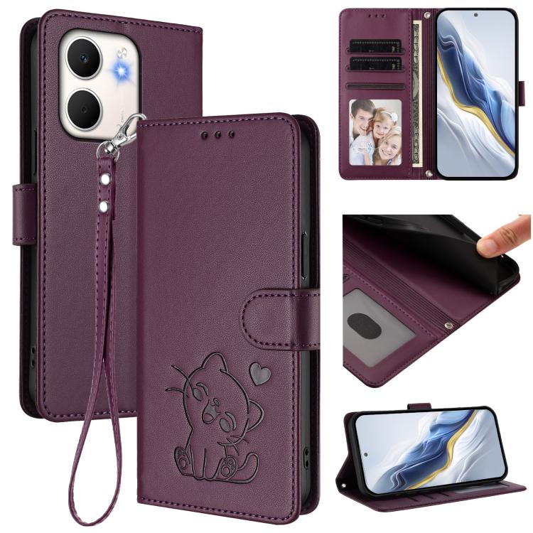 Embossed Heart Cat Leather Phone Case with Hand Strap, For OPPO A79 5G Global, For OPPO A5x 5G / 4G Global, For OPPO A5 5G / A3 Pro 5G Global, For OPPO Reno14 Pro 5G