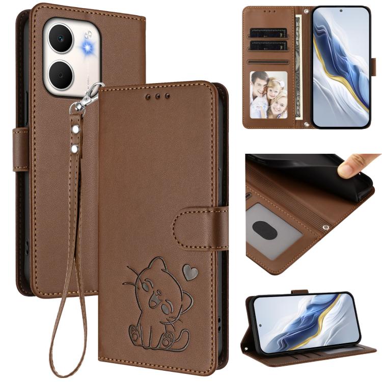 Embossed Heart Cat Leather Phone Case with Hand Strap, For OPPO A79 5G Global, For OPPO A5x 5G / 4G Global, For OPPO A5 5G / A3 Pro 5G Global, For OPPO Reno14 Pro 5G