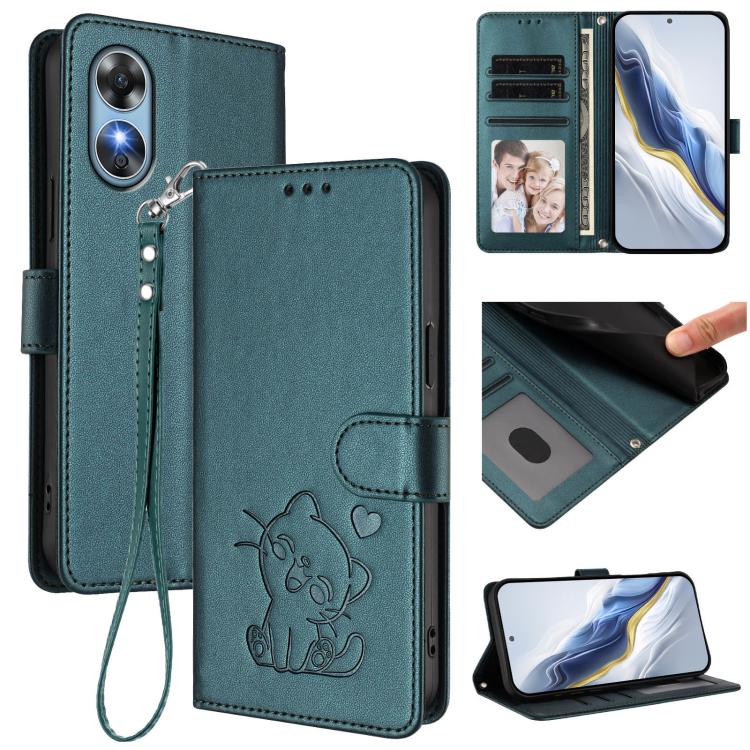 Embossed Heart Cat Leather Phone Case with Hand Strap, For OPPO Reno9 / Reno9 Pro 5G, For OPPO A17 4G Global / A17k, For OPPO K10 / A77 / A97 5G Global, For OPPO Reno8 Pro 5G
