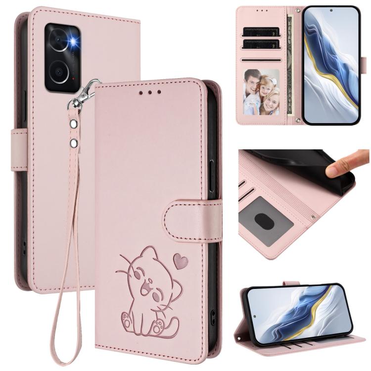 Embossed Heart Cat Leather Phone Case with Hand Strap, For OPPO Reno8 5G, For OPPO A36 / A76 / A96 / K10 4G, For OPPO Find X5 Pro, For OPPO Find X5