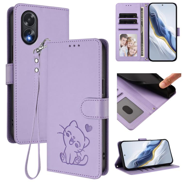 Embossed Heart Cat Leather Phone Case with Hand Strap, For OPPO Reno11 Pro 5G Global, For OPPO Find X7 Ultra, For OPPO A18 4G Global / A38 4G, For OPPO Reno9 A