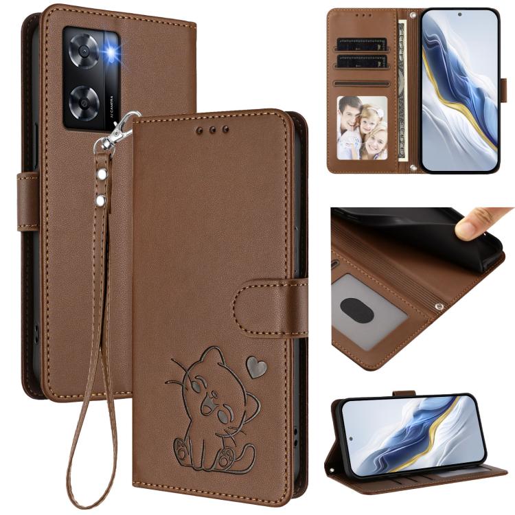 Embossed Heart Cat Leather Phone Case with Hand Strap, For OPPO Find X6 5G, For OPPO Reno8 T 5G Global / A1 Pro 5G, For OPPO Reno8 4G / Reno7 4G Global, For OPPO A57 / A77 / A57s 4G Global
