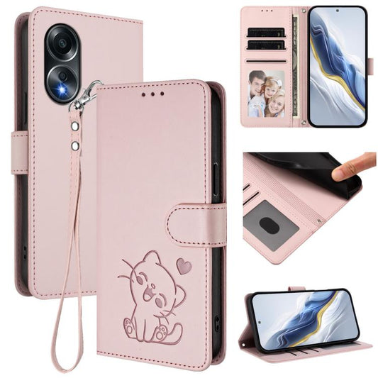 Embossed Heart Cat Leather Phone Case with Hand Strap, For OPPO A58 4G Global, For OPPO Reno10 / Reno10 Pro 5G Global, For OPPO A78 4G Global, For OPPO A98 5G / F23 5G India